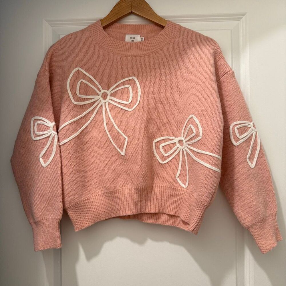 Luna Ivy  Anthropologie Embroidered Bow Sweater Size XS